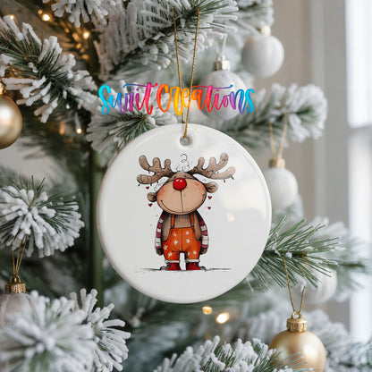 Cute Reindeer in Orange Sweater Christmas ornament hanging on a frosted Christmas tree