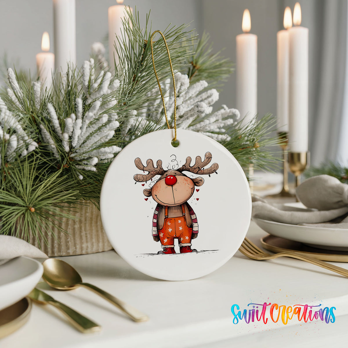 Cute Reindeer in Orange Sweater Christmas ornament styled with elegant holiday table decor