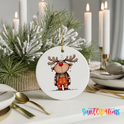 Cute Reindeer in Orange Sweater Christmas ornament styled with elegant holiday table decor