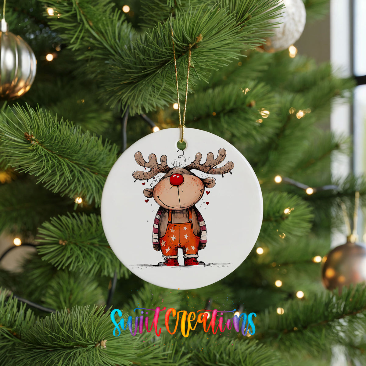 Cute Reindeer in Orange Sweater Christmas ornament hanging on a green Christmas tree