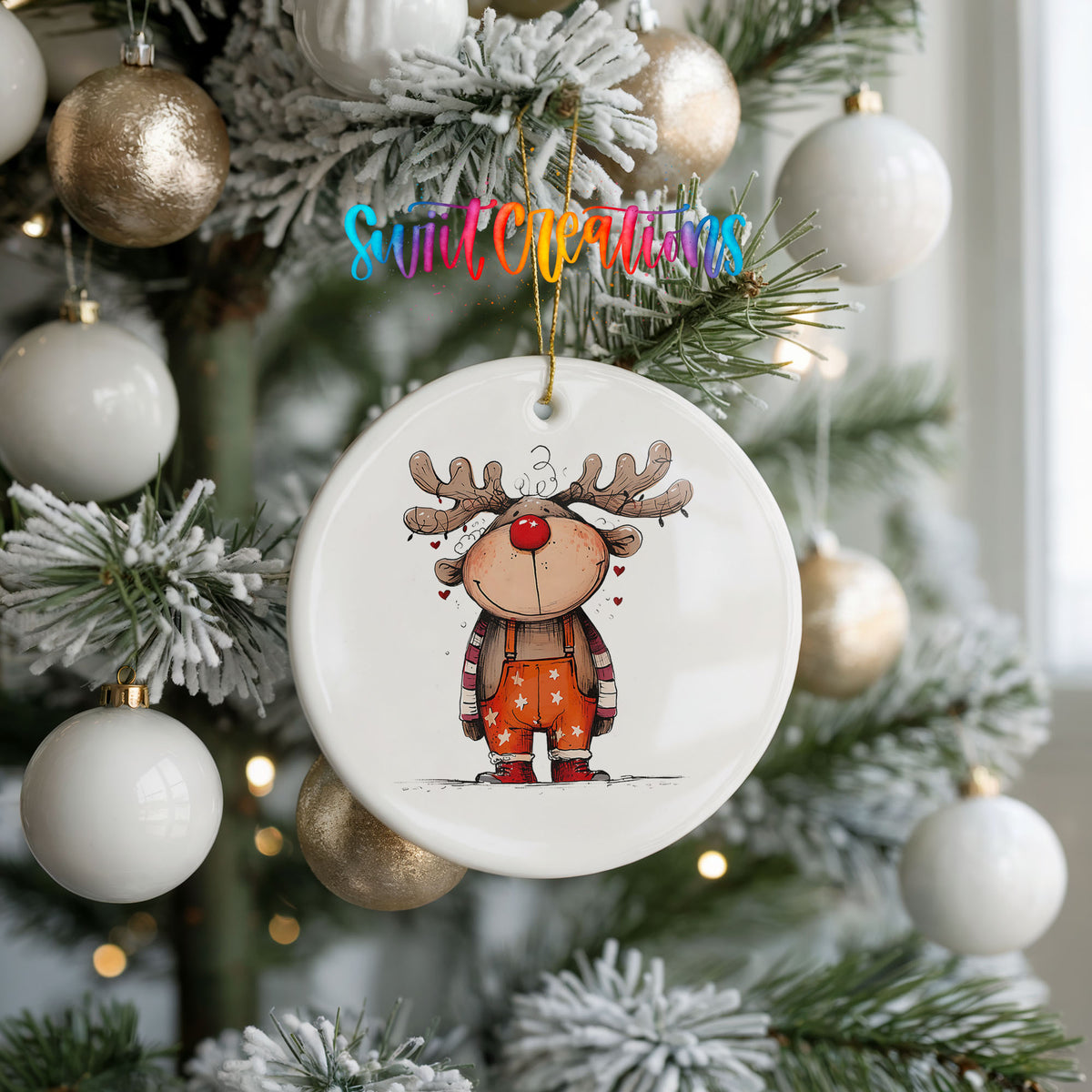 Cute Reindeer in Orange Sweater Christmas ornament hanging on a frosted holiday tree