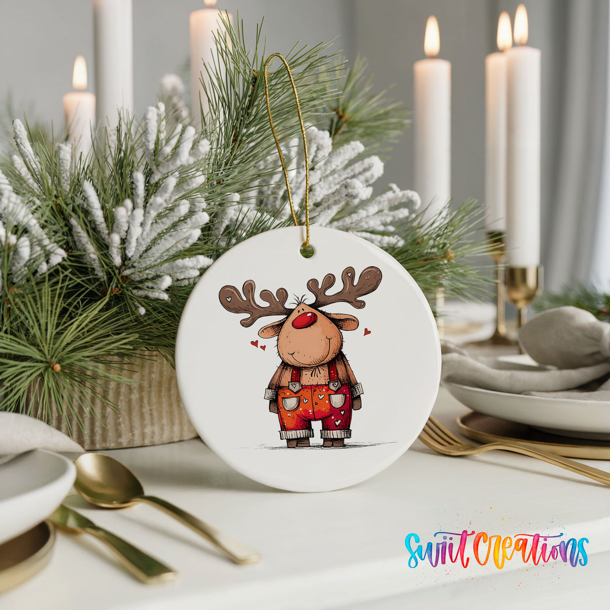 Reindeer in Red Plaid Overalls Christmas ornament styled with elegant holiday table decor