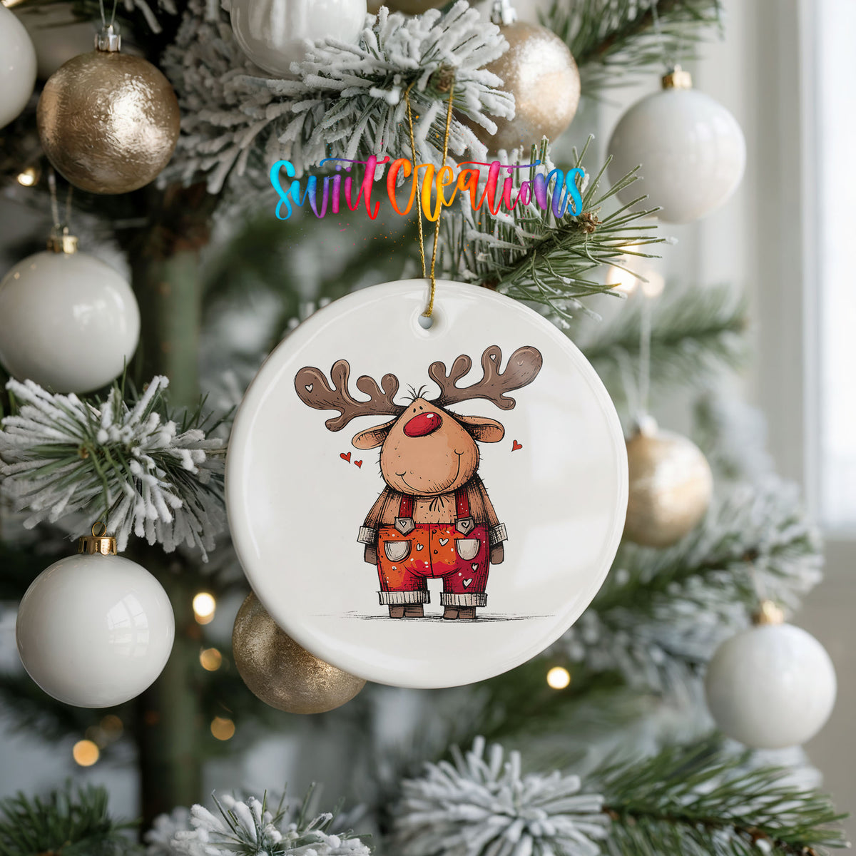 Reindeer in Red Plaid Overalls Christmas ornament hanging on a frosted holiday tree