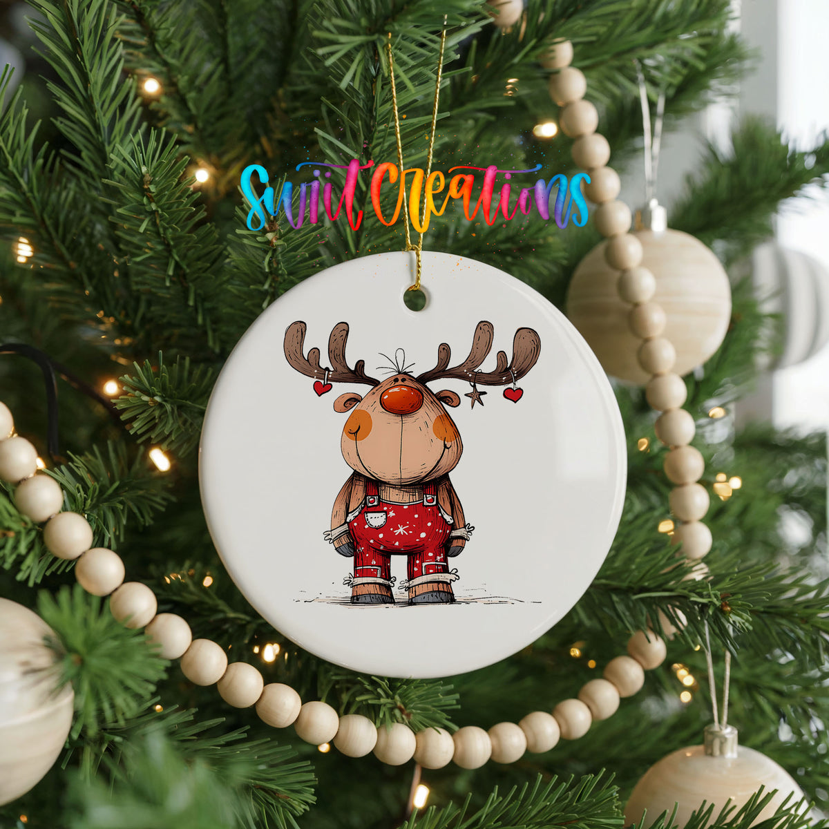 Reindeer in Red Plaid Sweater Christmas ornament hanging on a decorated Christmas tree