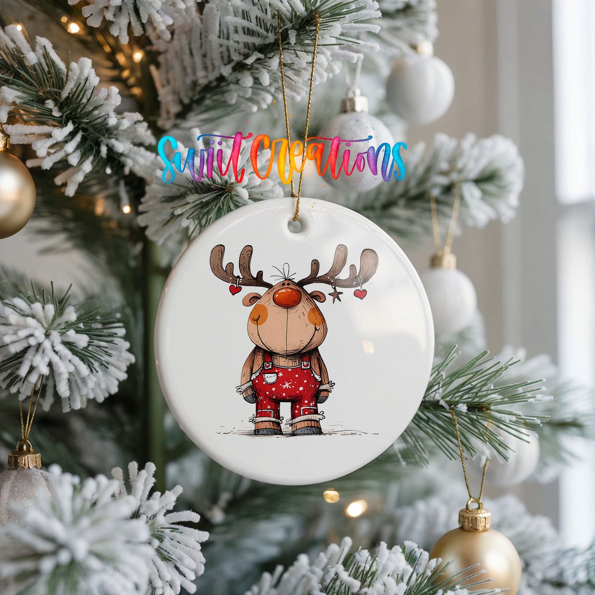 Reindeer in Red Plaid Sweater Christmas ornament hanging on a frosted Christmas tree
