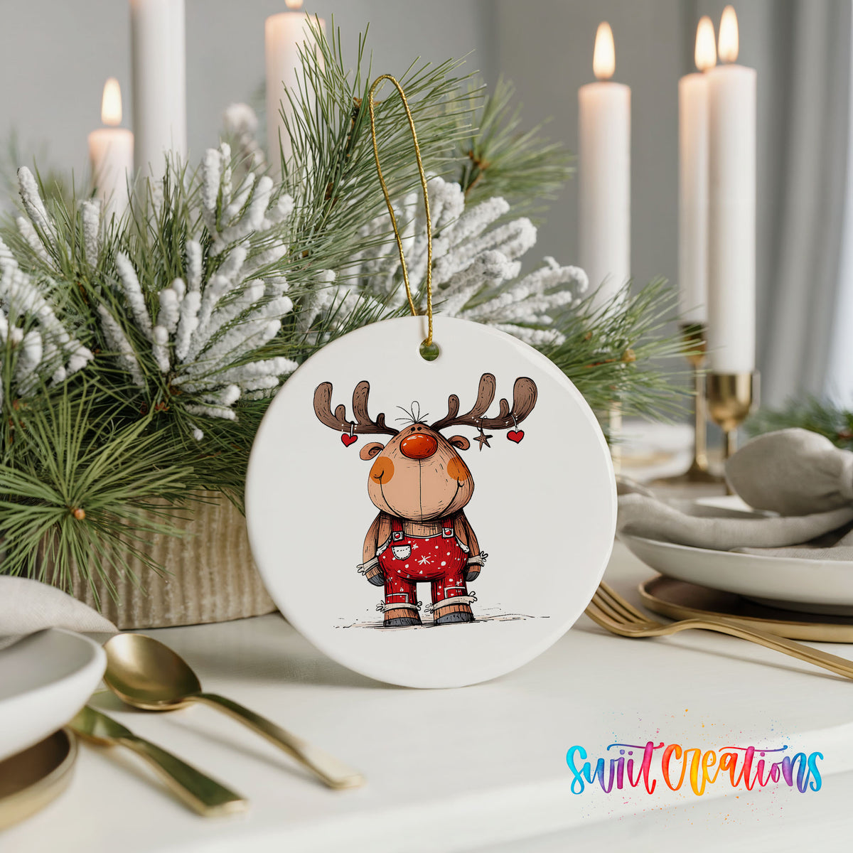 Reindeer in Red Plaid Sweater Christmas ornament styled with elegant holiday table decor