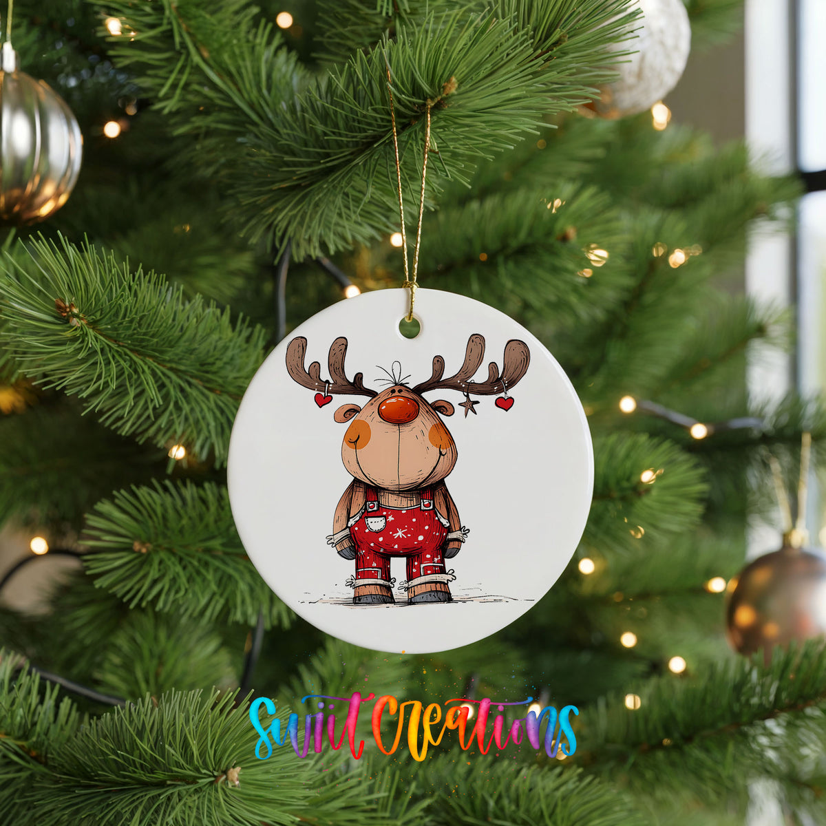 Reindeer in Red Plaid Sweater Christmas ornament hanging on a green Christmas tree