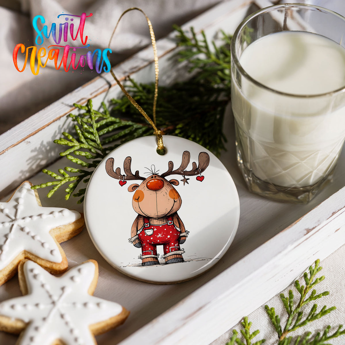 Reindeer in Red Plaid Sweater Christmas ornament styled with cookies and milk