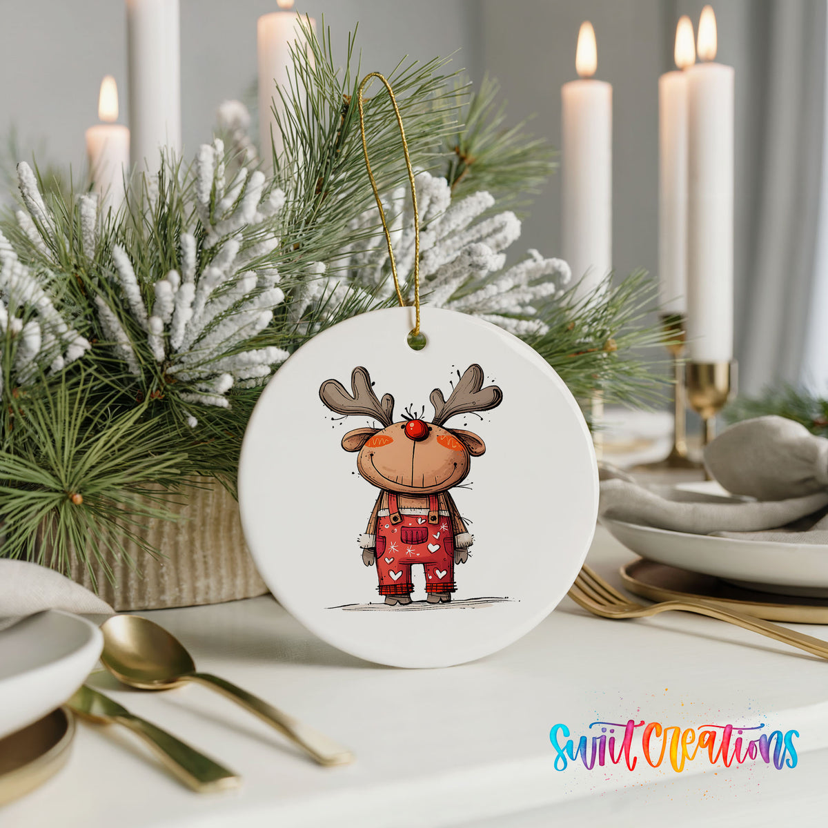 Reindeer in Red Plaid Outfit Christmas ornament styled with elegant holiday table decor