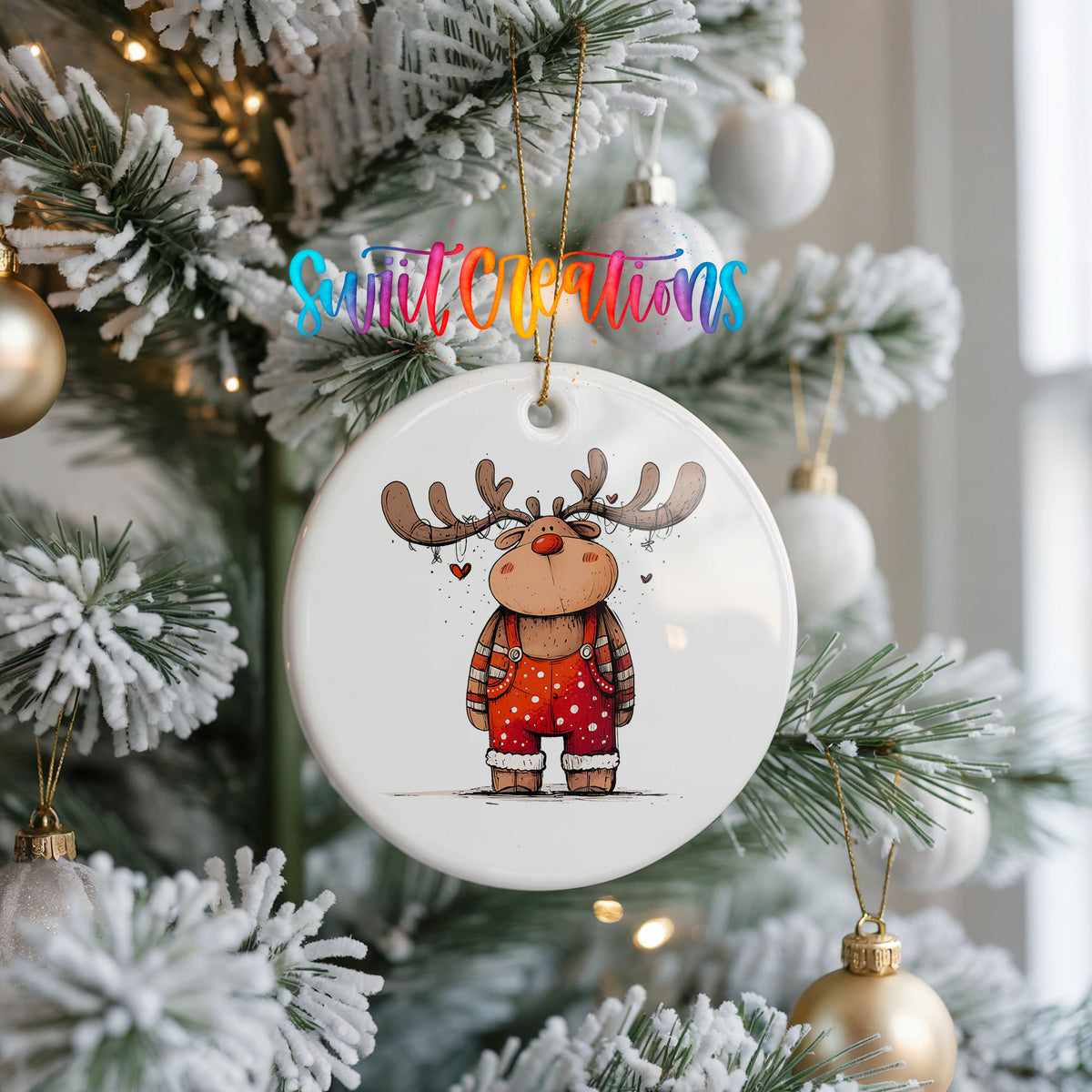 Reindeer in Red Sweater and Black Boots Christmas ornament hanging on a frosted Christmas tree