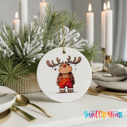Reindeer in Red Sweater and Black Boots Christmas ornament styled with elegant holiday table decor