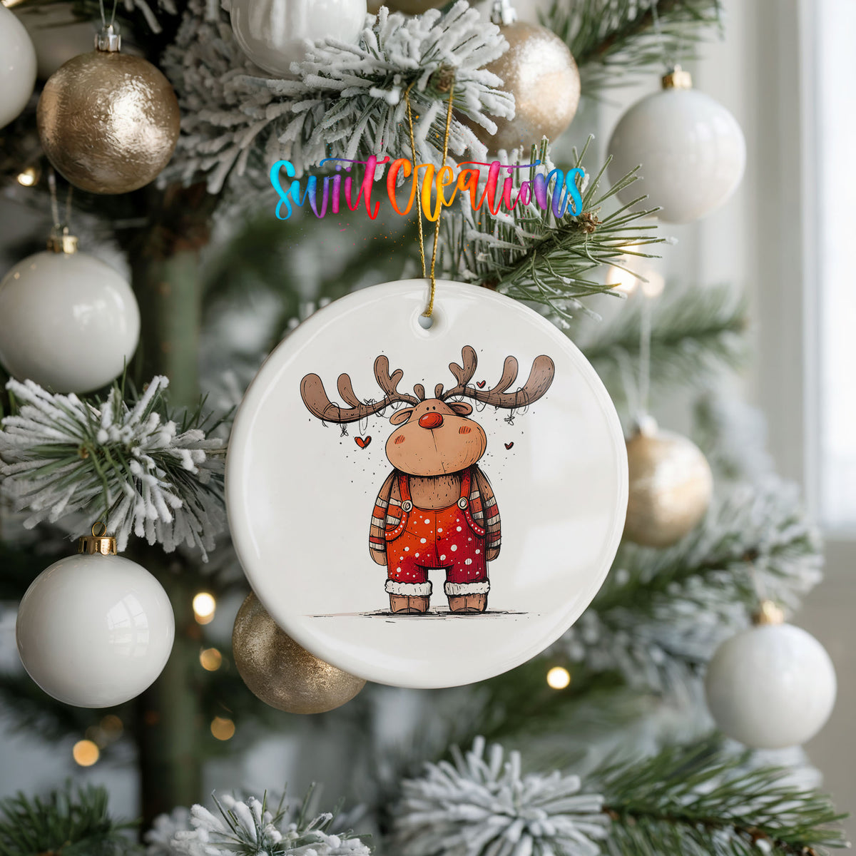 Reindeer in Red Sweater and Black Boots Christmas ornament hanging on a frosted holiday tree