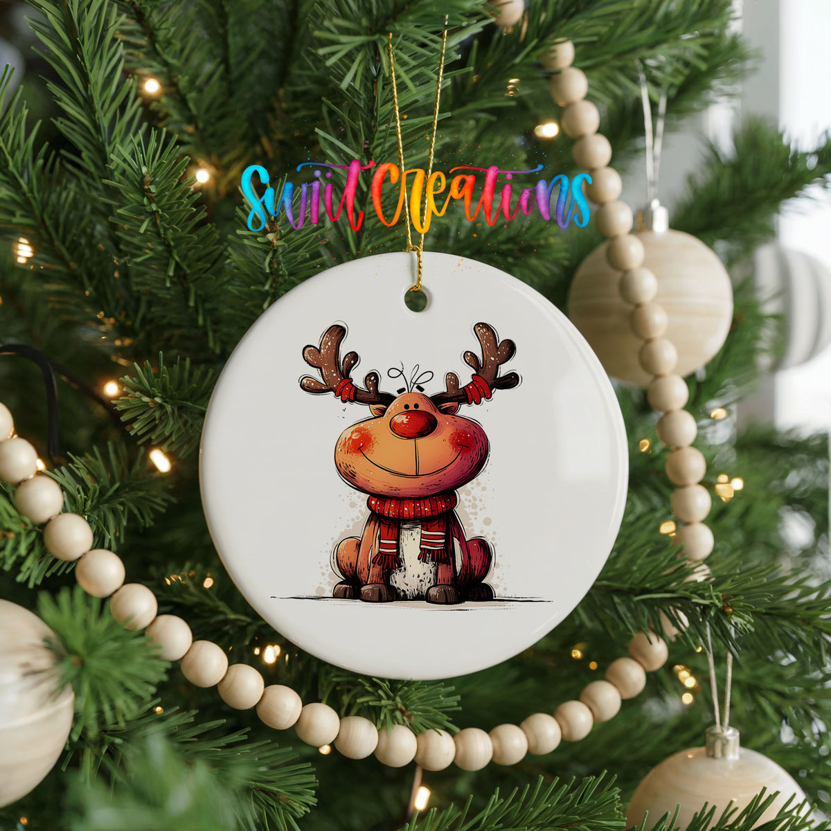 Jolly Reindeer in Red and Black Outfit Christmas ornament hanging on a decorated Christmas tree