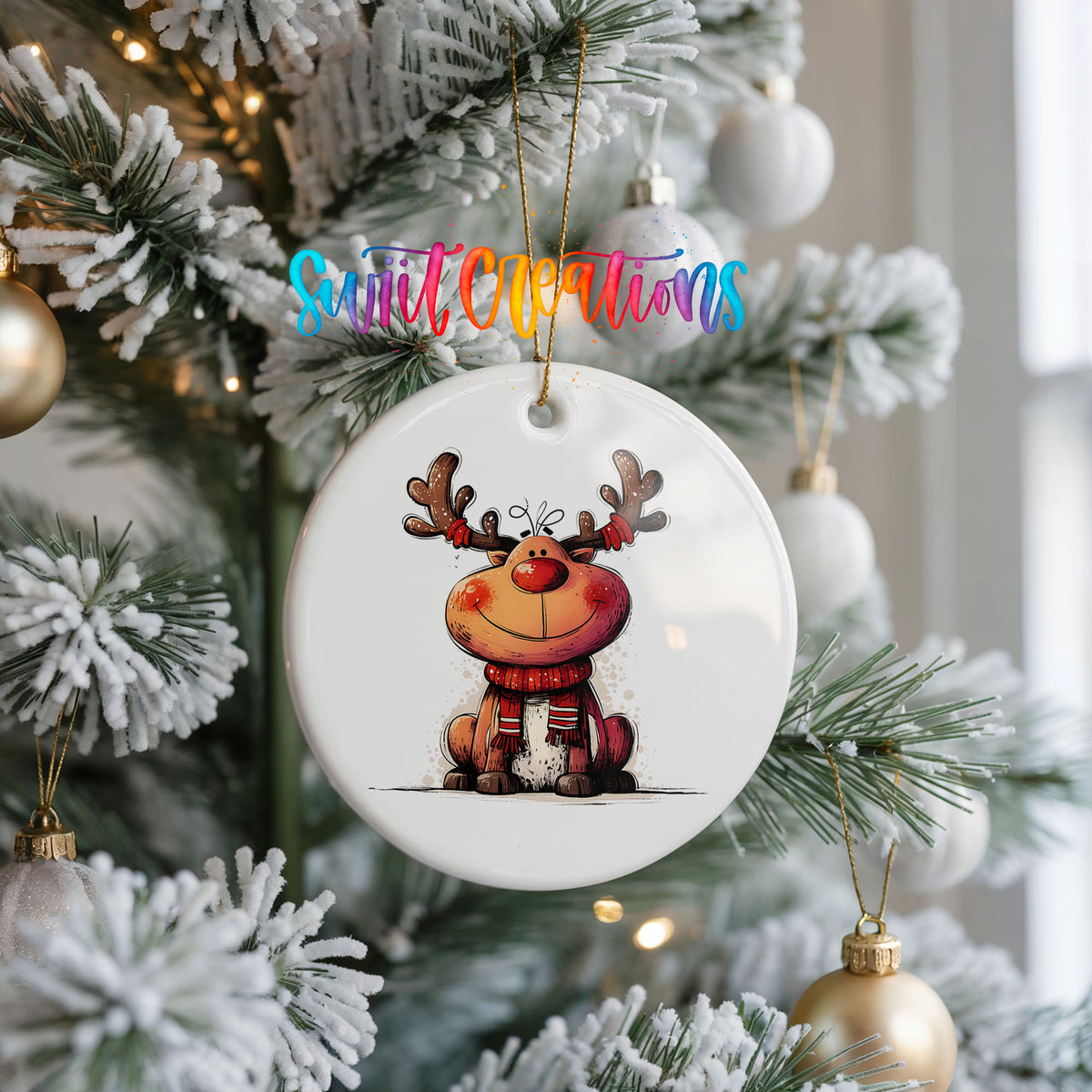 Jolly Reindeer in Red and Black Outfit Christmas ornament hanging on a frosted Christmas tree