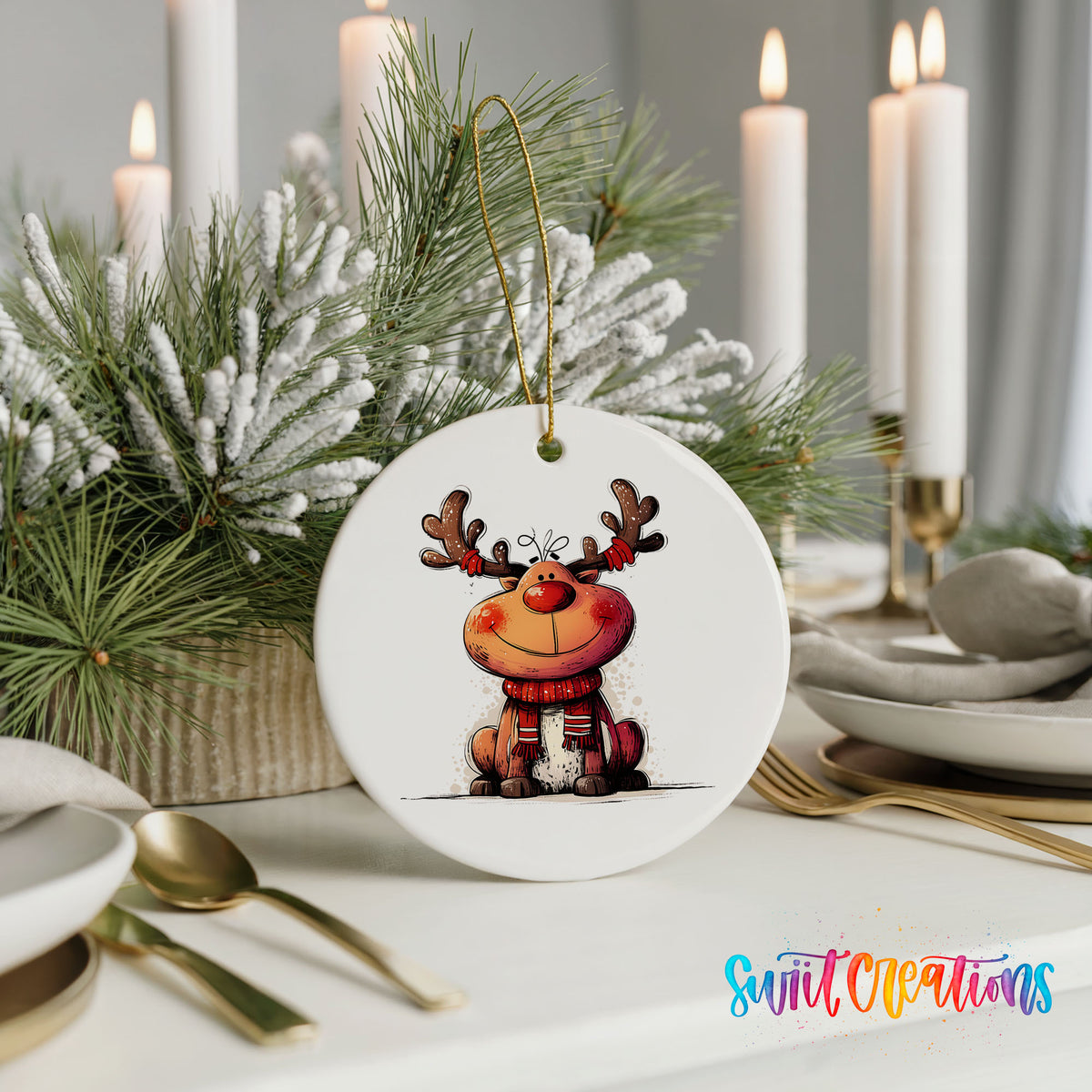 Jolly Reindeer in Red and Black Outfit Christmas ornament styled with elegant holiday table decor