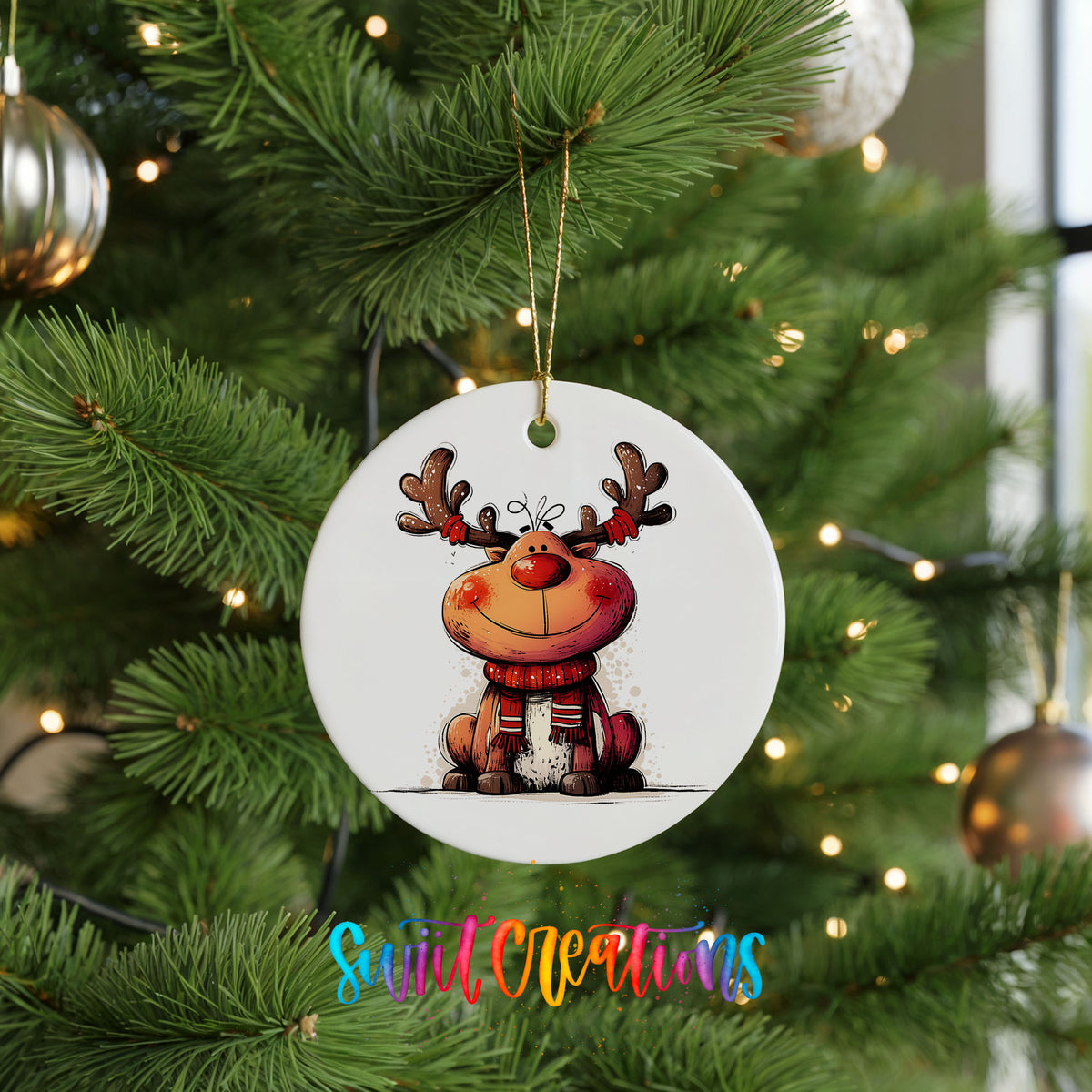 Jolly Reindeer in Red and Black Outfit Christmas ornament hanging on a green Christmas tree
