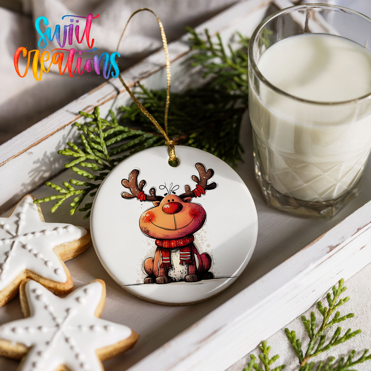 Jolly Reindeer in Red and Black Outfit Christmas ornament styled with cookies and milk