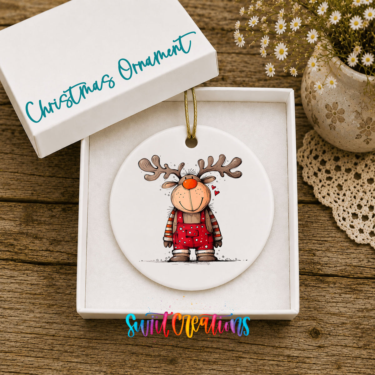 Reindeer Girl in Red Plaid Dress Christmas ornament displayed in an included gift box