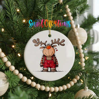 Reindeer Girl in Red Plaid Dress Christmas ornament hanging on a decorated Christmas tree