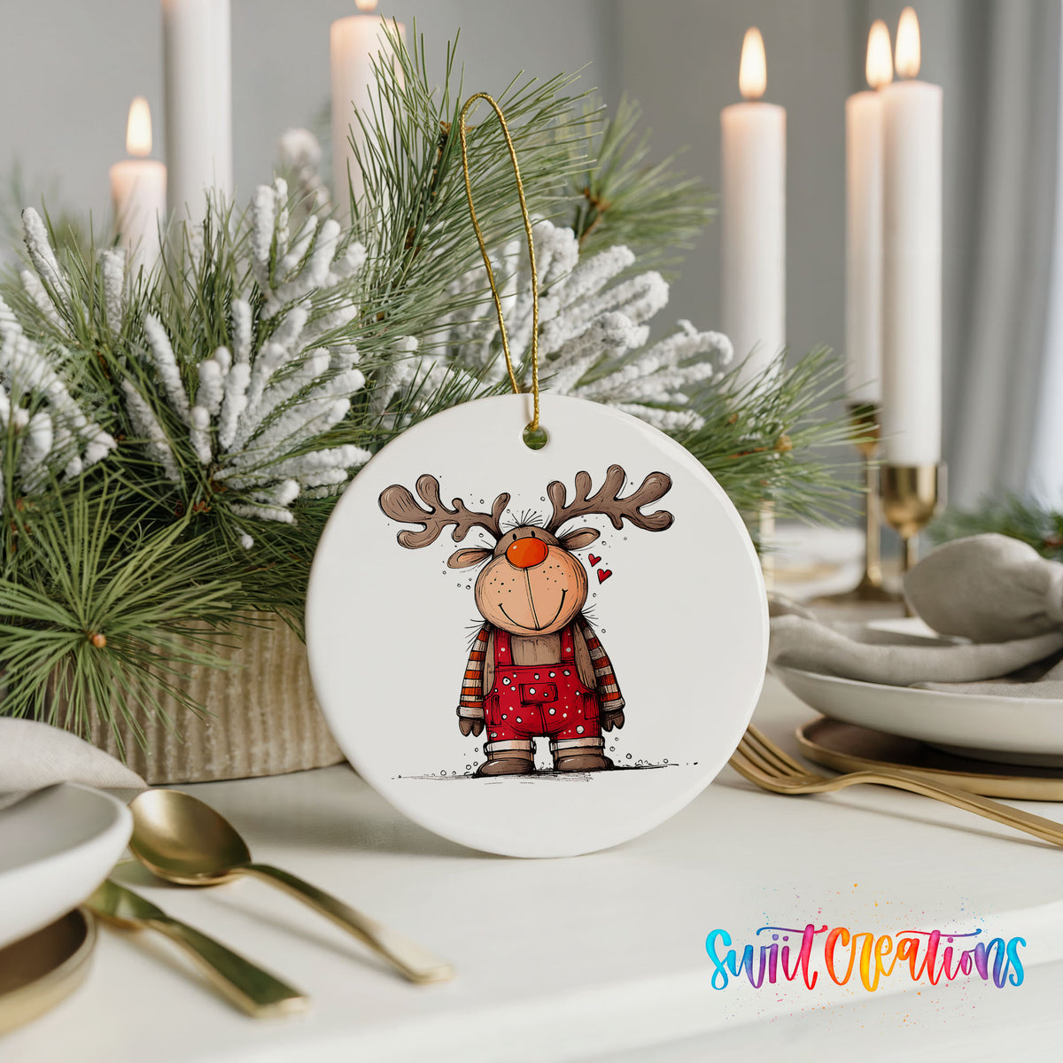 Reindeer Girl in Red Plaid Dress Christmas ornament styled with elegant holiday table decor
