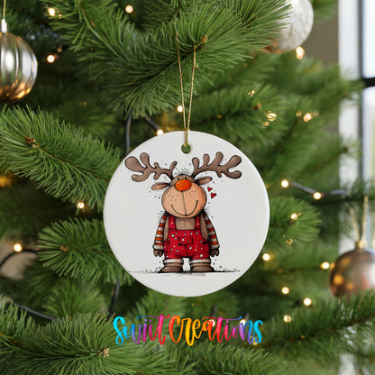 Reindeer Girl in Red Plaid Dress Christmas ornament hanging on a green Christmas tree