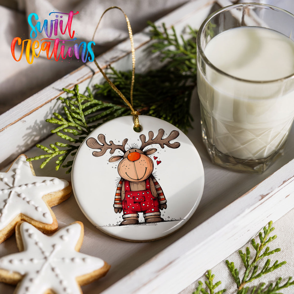 Reindeer Girl in Red Plaid Dress Christmas ornament styled with cookies and milk