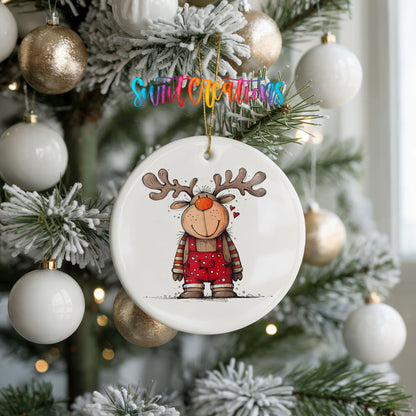 Reindeer Girl in Red Plaid Dress Christmas ornament hanging on a frosted holiday tree