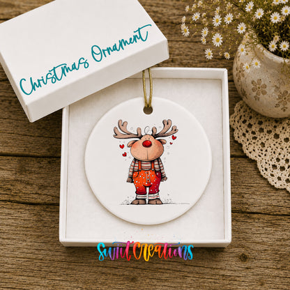 Reindeer in Red Plaid Shirt Christmas ornament displayed in an included gift box