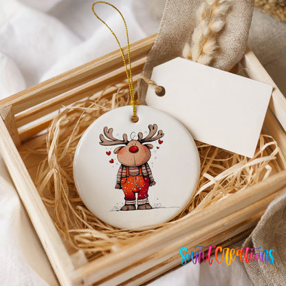 Reindeer in Red Plaid Shirt Christmas ornament presented in a rustic wooden gift crate