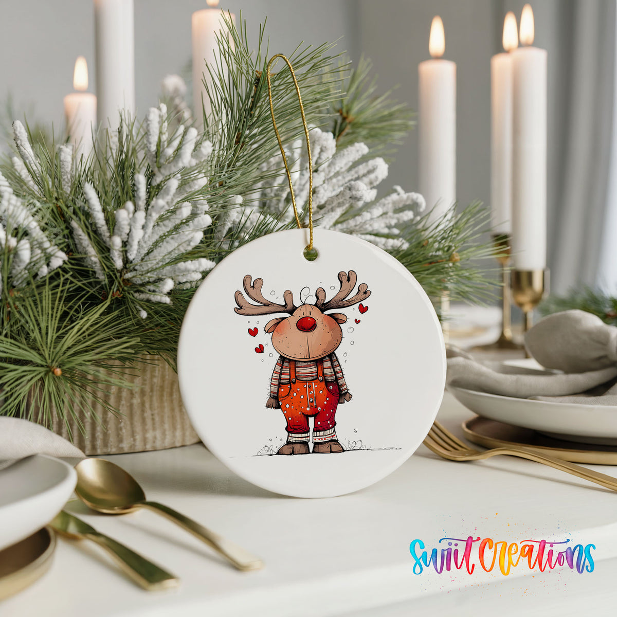 Reindeer in Red Plaid Shirt Christmas ornament styled with elegant holiday table decor