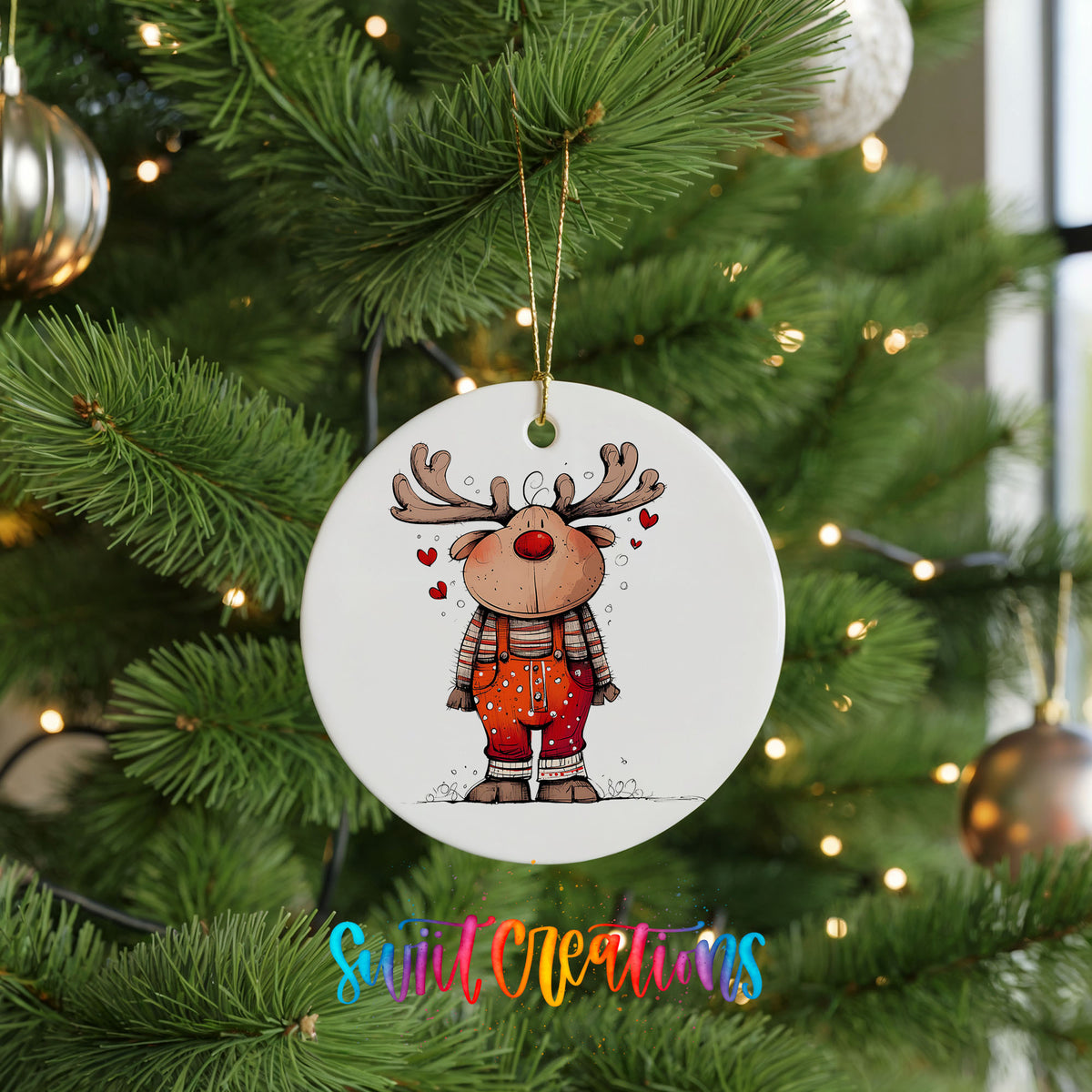 Reindeer in Red Plaid Shirt Christmas ornament hanging on a green Christmas tree