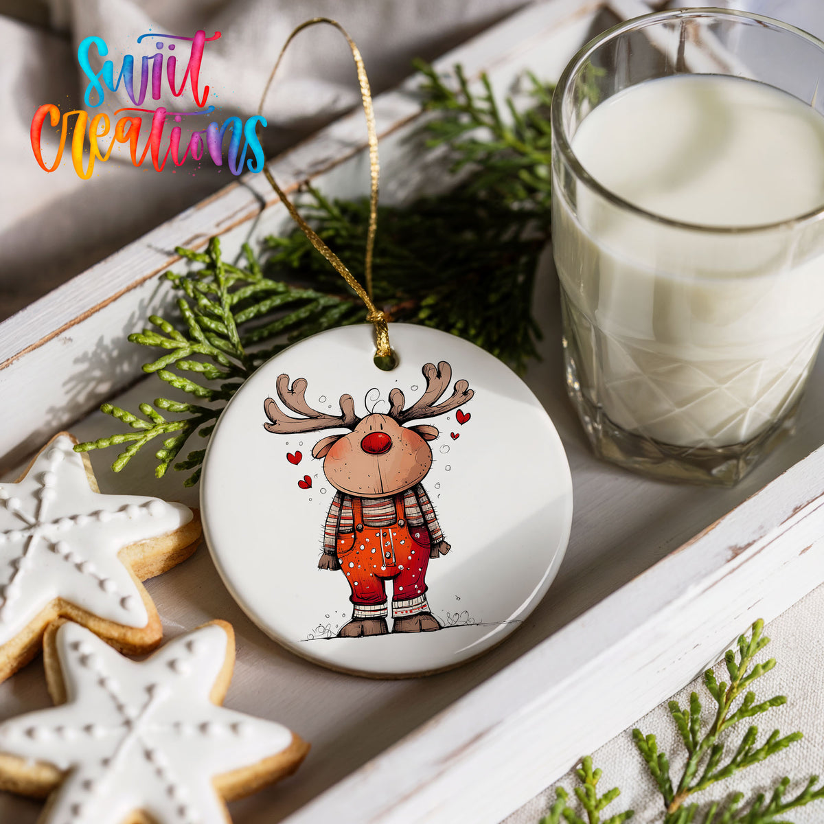 Reindeer in Red Plaid Shirt Christmas ornament styled with cookies and milk