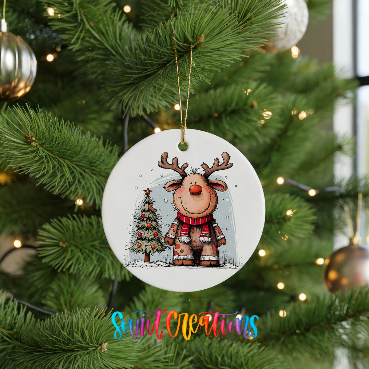Reindeer in Red Scarf with Pine Trees Christmas ornament hanging on a green Christmas tree