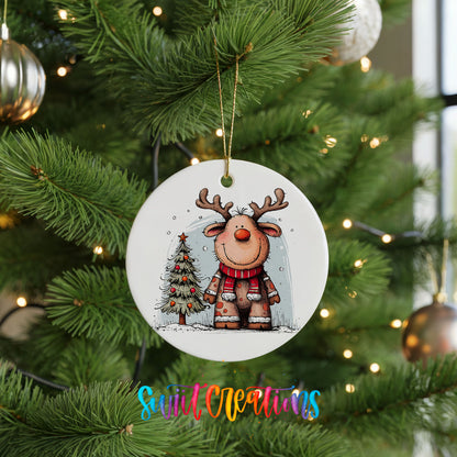 Reindeer in Red Scarf with Pine Trees Christmas ornament hanging on a green Christmas tree