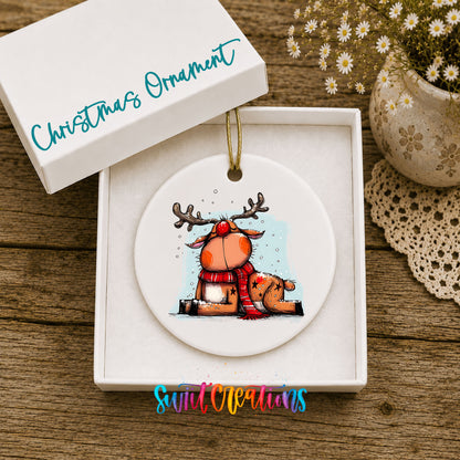 Santa and Reindeer with Gift Sack Christmas ornament displayed in an included gift box