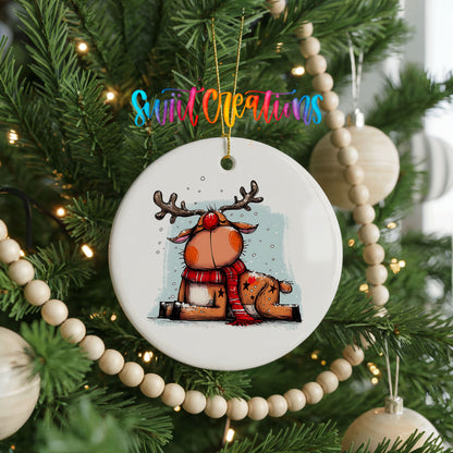 Santa and Reindeer with Gift Sack Christmas ornament hanging on a decorated Christmas tree