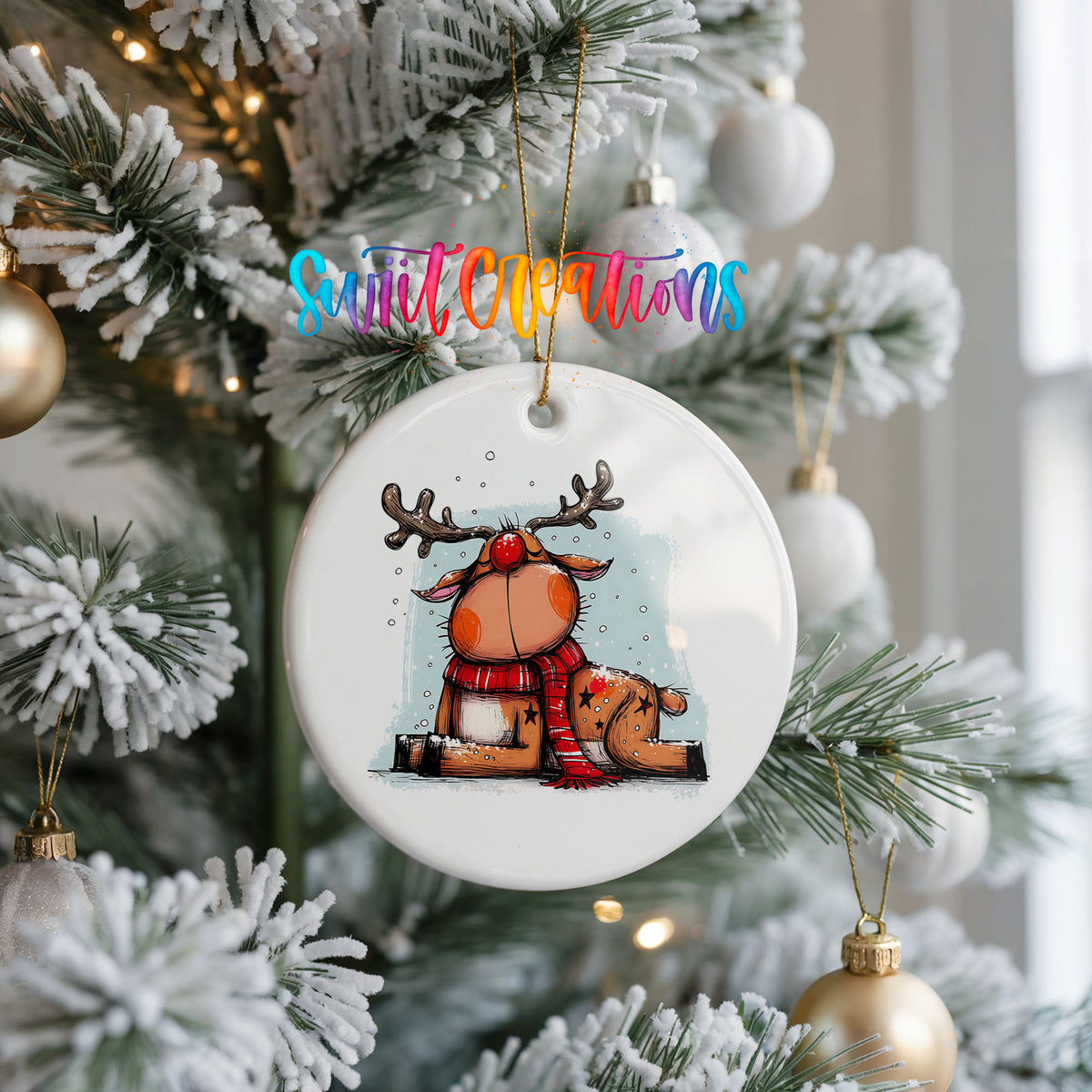 Santa and Reindeer with Gift Sack Christmas ornament hanging on a frosted Christmas tree