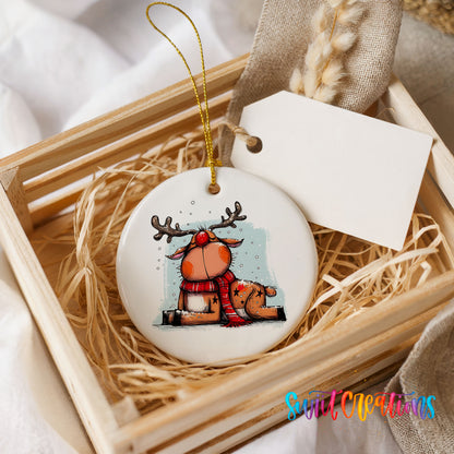 Santa and Reindeer with Gift Sack Christmas ornament presented in a rustic wooden gift crate