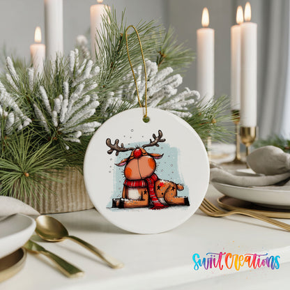 Santa and Reindeer with Gift Sack Christmas ornament styled with elegant holiday table decor