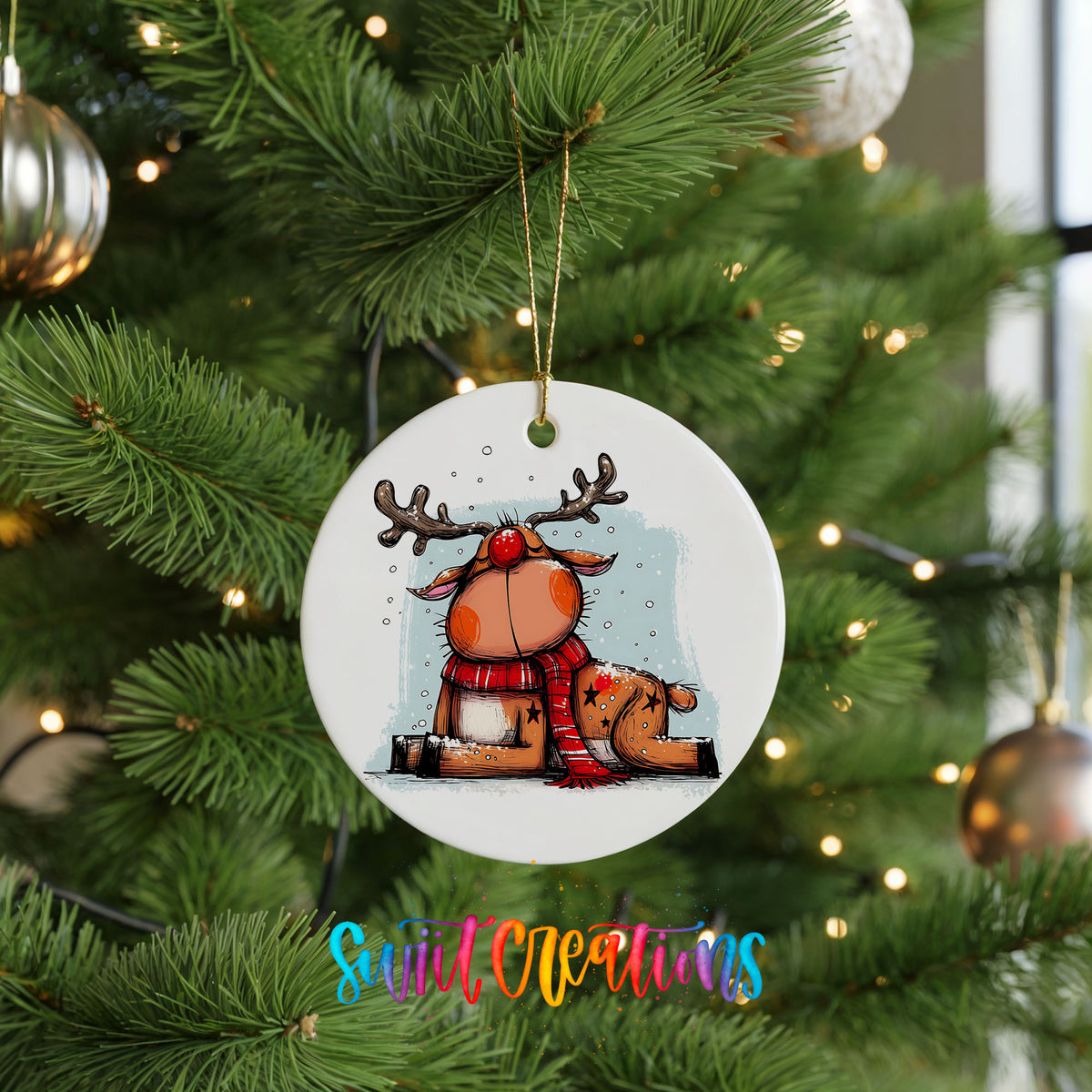 Santa and Reindeer with Gift Sack Christmas ornament hanging on a green Christmas tree