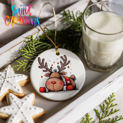 Cute Reindeer with Red Gift Bag Christmas ornament styled with cookies and milk