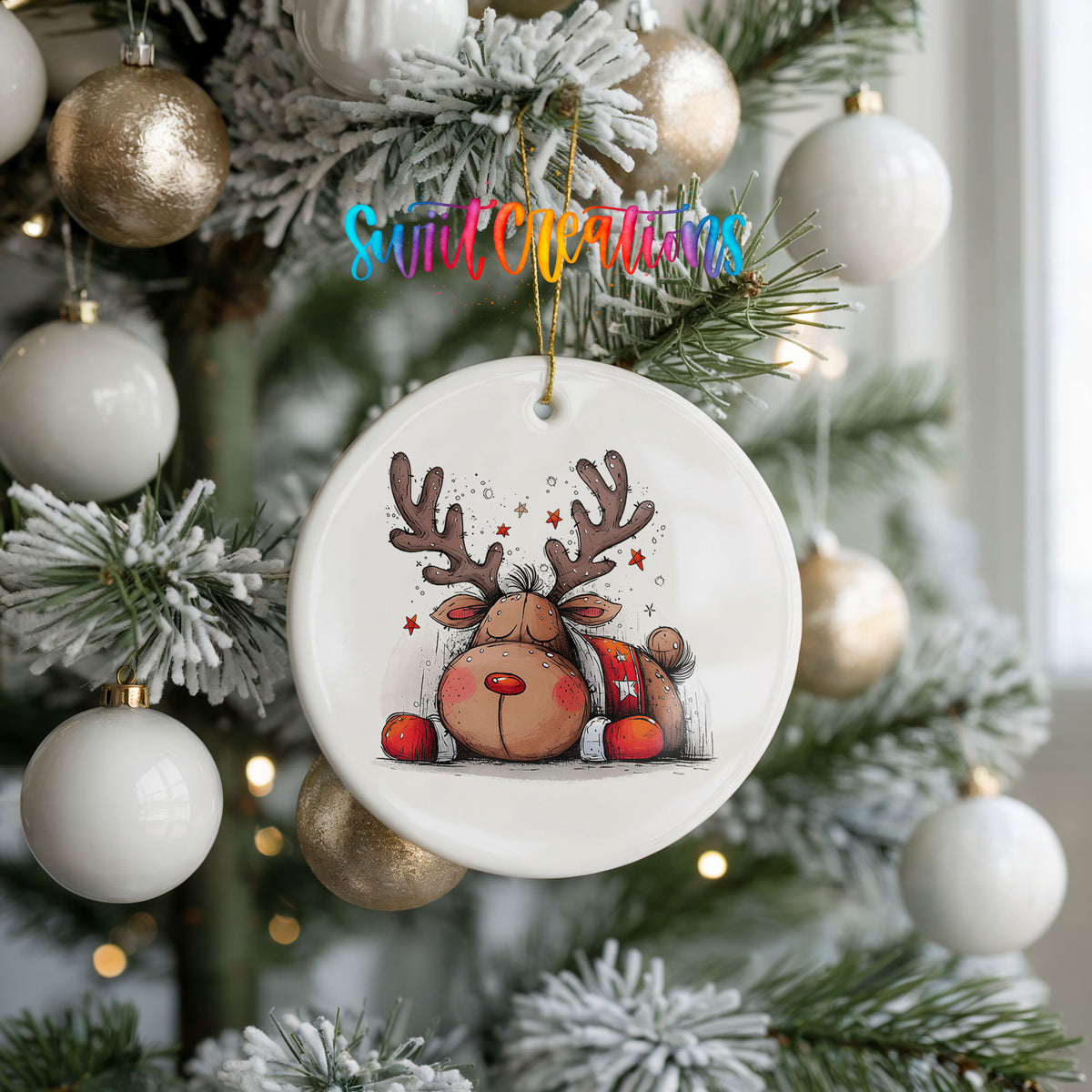 Cute Reindeer with Red Gift Bag Christmas ornament hanging on a frosted holiday tree