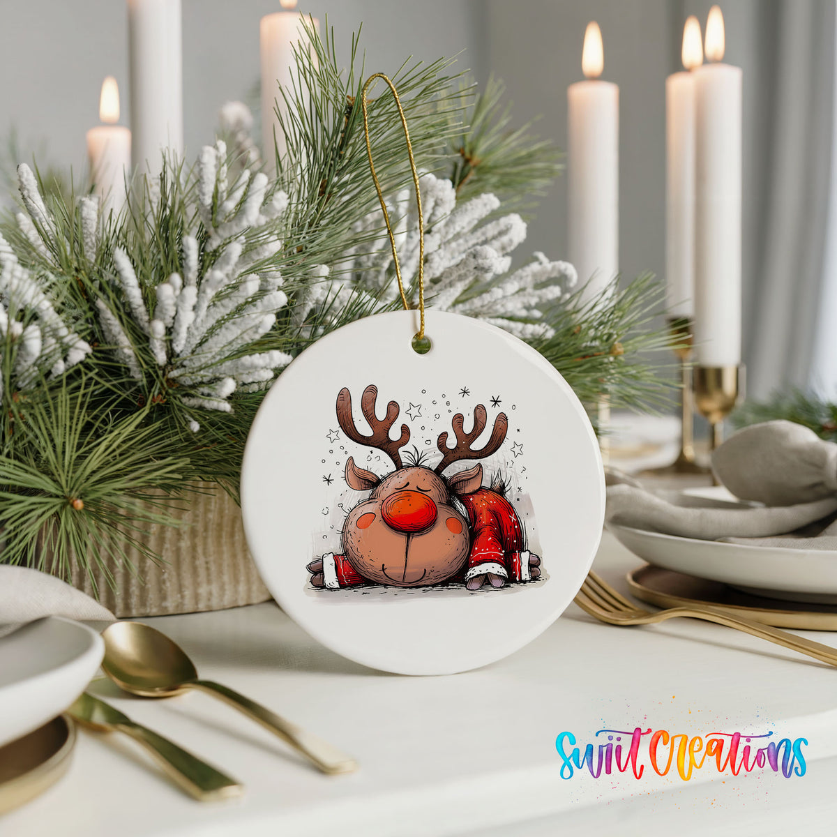 Sleeping Reindeer in Red Scarf Christmas ornament styled with elegant holiday table decor