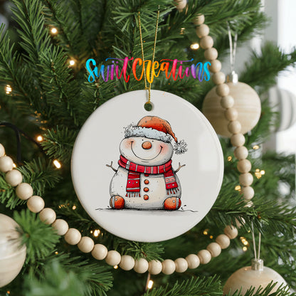 Cheerful Snowman in Santa Hat Christmas ornament hanging on a decorated Christmas tree
