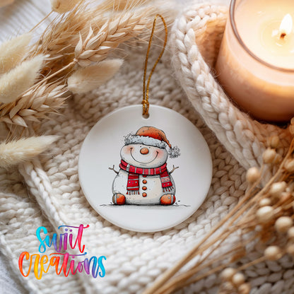 Cheerful Snowman in Santa Hat Christmas ornament styled beside a candle and cozy knit blanket