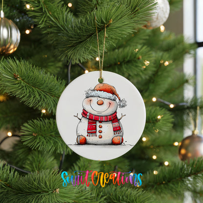 Cheerful Snowman in Santa Hat Christmas ornament hanging on a green Christmas tree