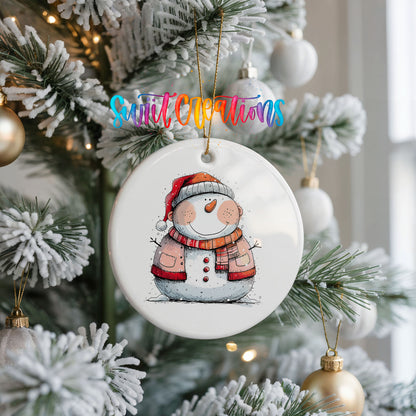 Snowman Couple in Red Santa Hats Christmas ornament hanging on a frosted Christmas tree