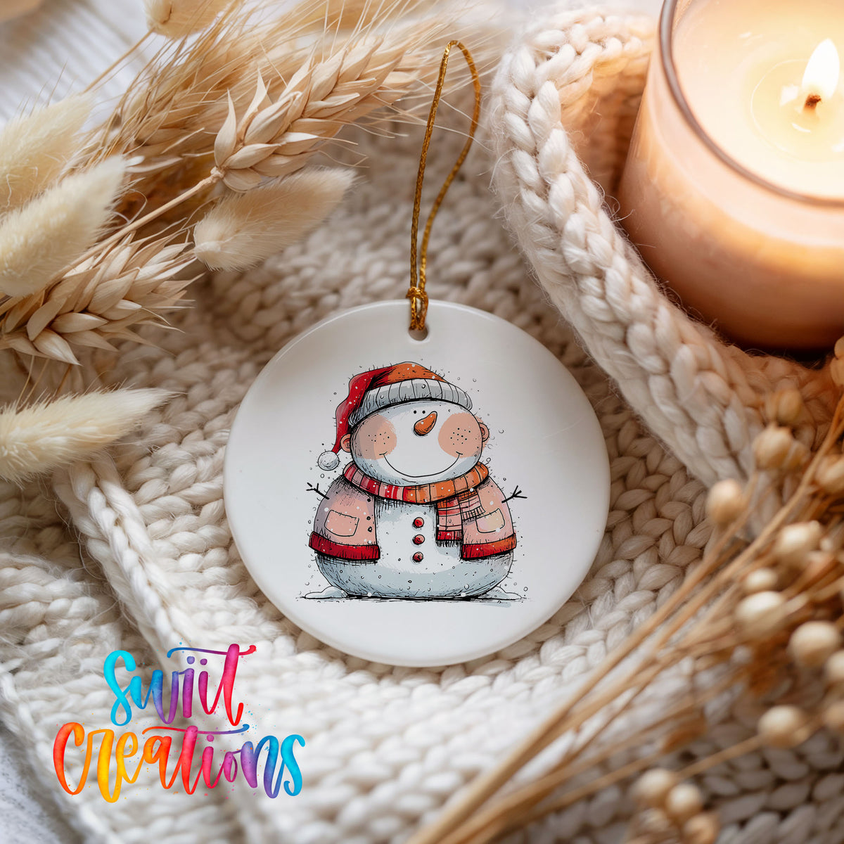Snowman Couple in Red Santa Hats Christmas ornament styled beside a candle and cozy knit blanket