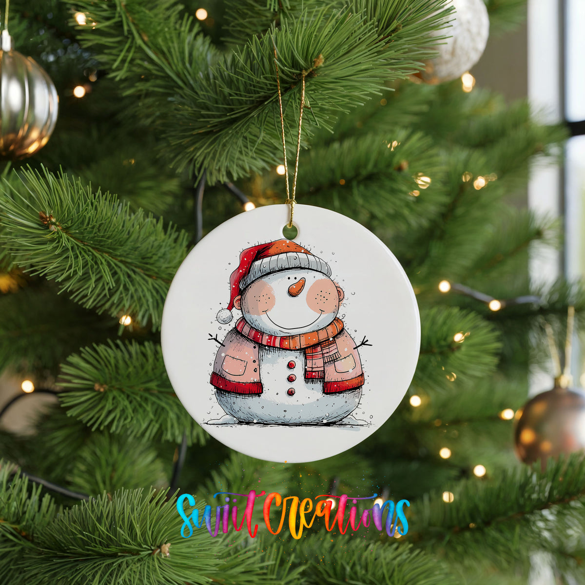 Snowman Couple in Red Santa Hats Christmas ornament hanging on a green Christmas tree