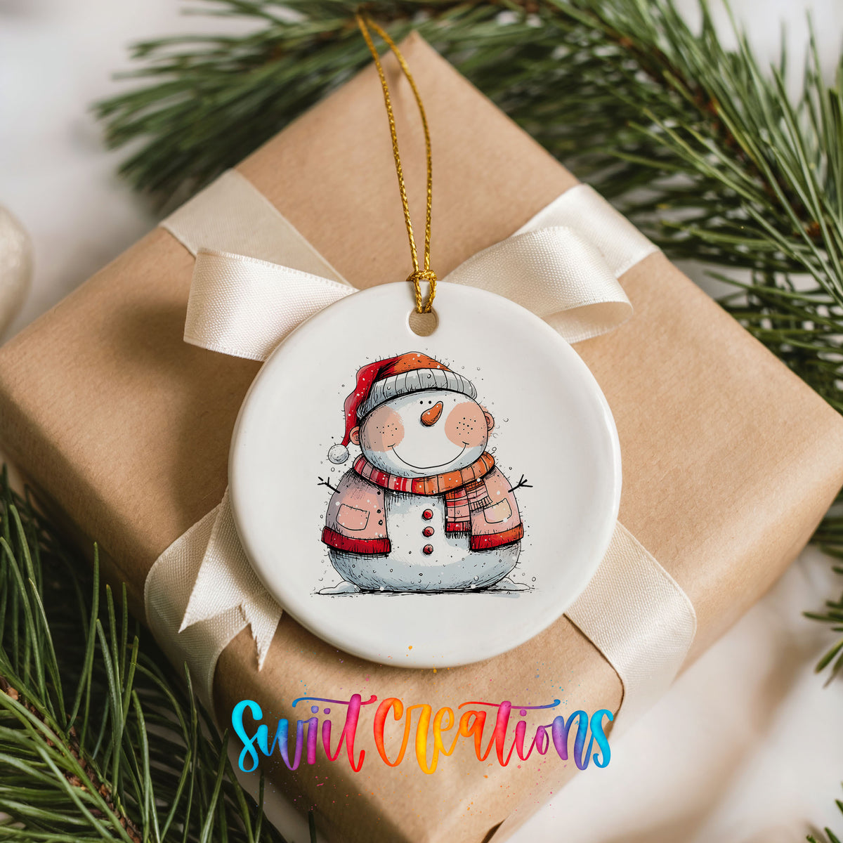 Snowman Couple in Red Santa Hats Christmas ornament placed on a wrapped Christmas gift